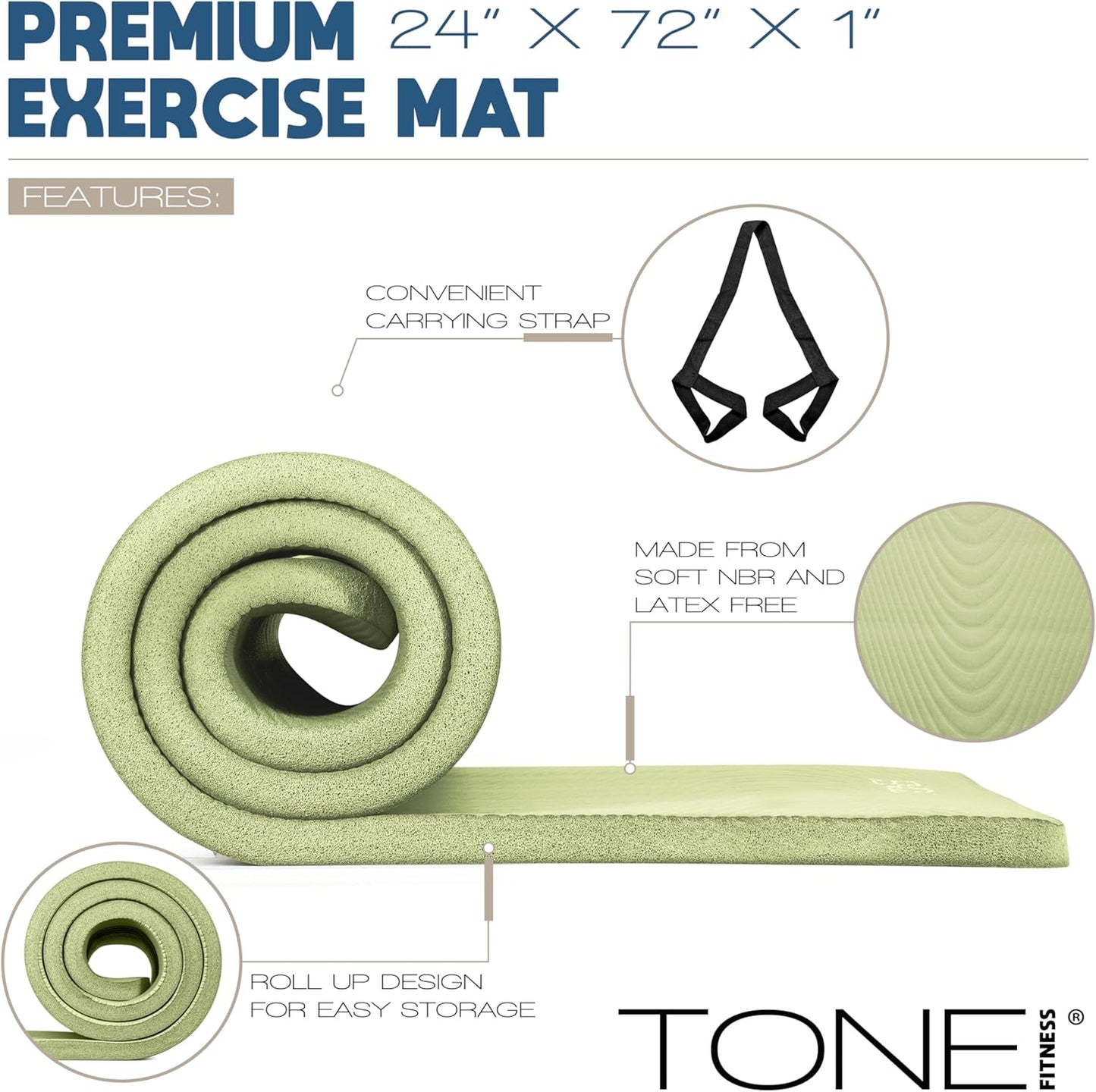 Tone Fitness 1-Inch Thick Yoga Mat | High-Density, Non-slip Exercise Mat with Carrying Strap for Yoga, Pilates, & Home Gym Workouts | Multiple Options