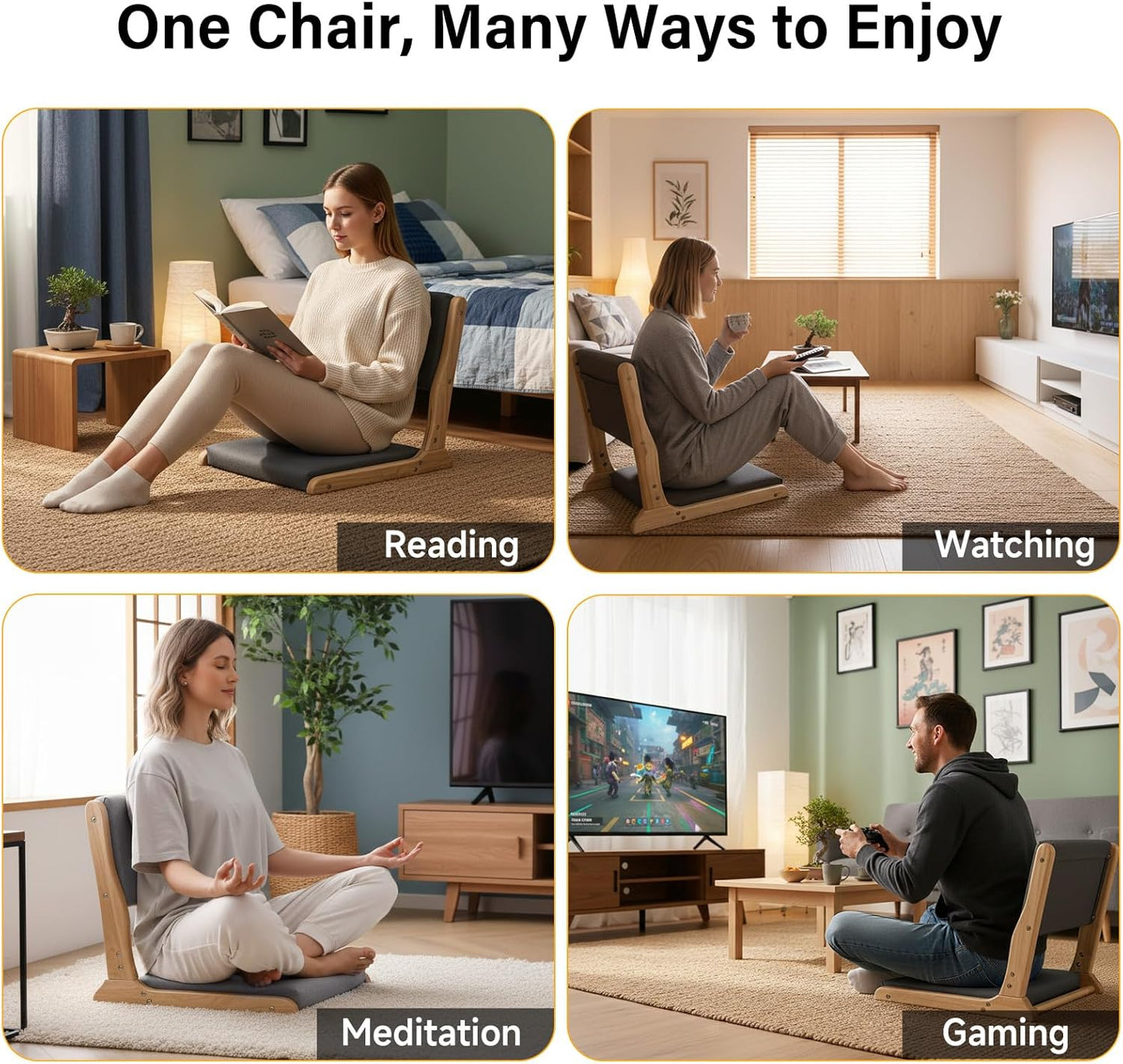 Tiita 2Pcs Floor Games Chair, Foldable Meditation Tatami Chairs, Backrest Chair with Cushion, Living Room Chair Seat, Wood Grey