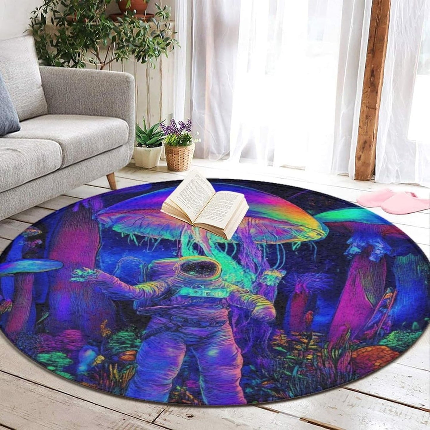 Home Decor Non Slip Kitchen Office Circle Rug, Machine Washable Modern Round Area Rug, Room Sofa Yoga Soft Round Carpet Purple Galaxy Trippy Space Astronaut Art, 36inch