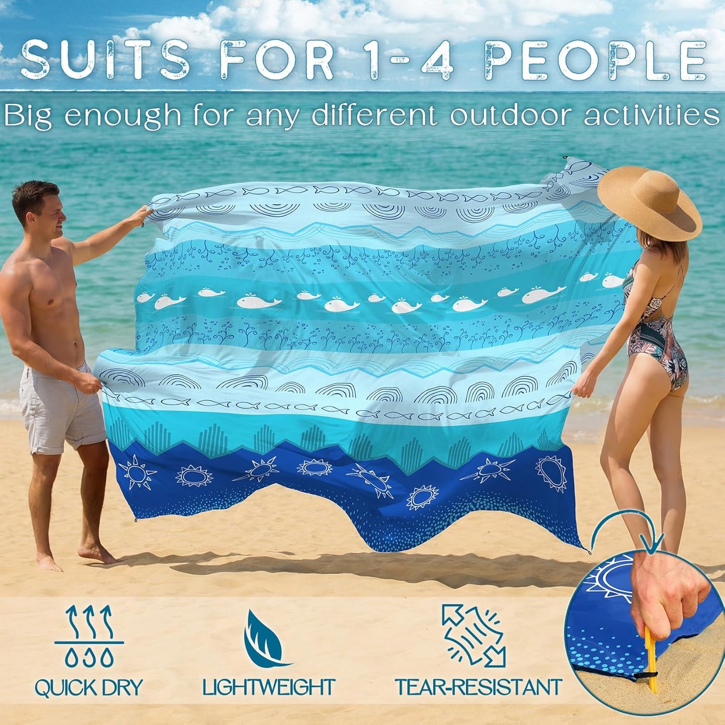 BYDOLL Beach Blanket Waterproof Sandproof Large Sand Free,78''X81''/10'X9' Oversized Sandless Lightweight Blanket Picnic Mat for Beach Travel Camping Hiking with Stakes