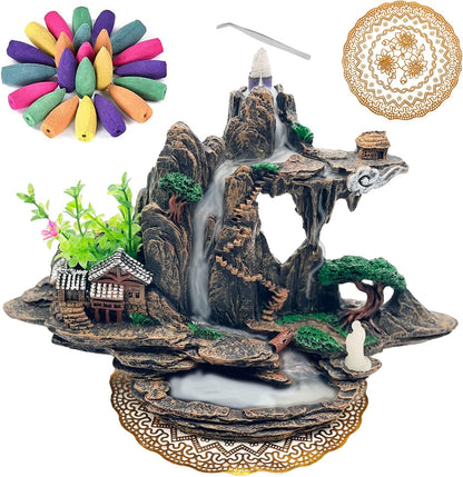 Mountain Waterfall Incense Burner，Backfall Incense Holder River, Incense Falls Meditation Decor for Room with Upgrade Incense Cones and Accessories (Mountain)