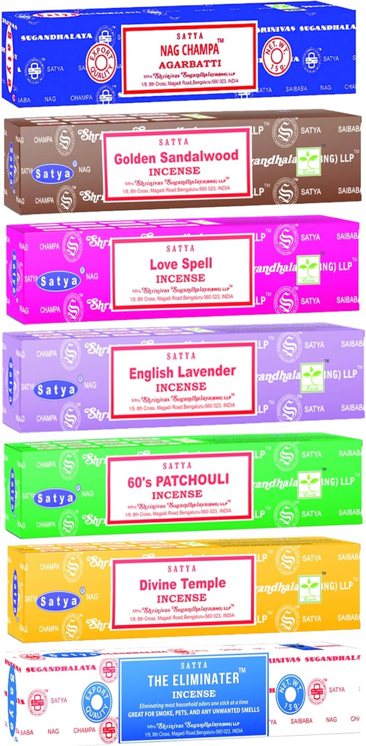 Satya Incense Gift Set Nag Champa, Super hit, Dragon's Blood, Sandalwood, Patchouli, Lavender, Positive Vibes, 15 g