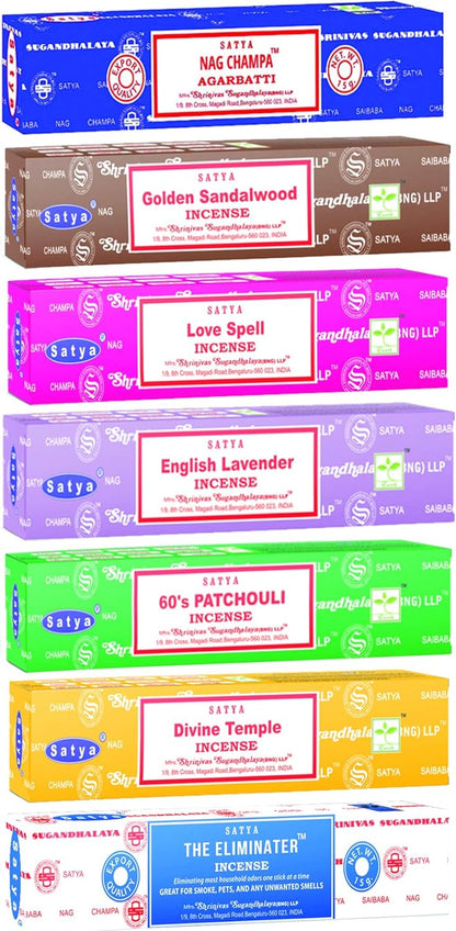 Satya Incense Gift Set Nag Champa, Super hit, Dragon's Blood, Sandalwood, Patchouli, Lavender, Positive Vibes, 15 g