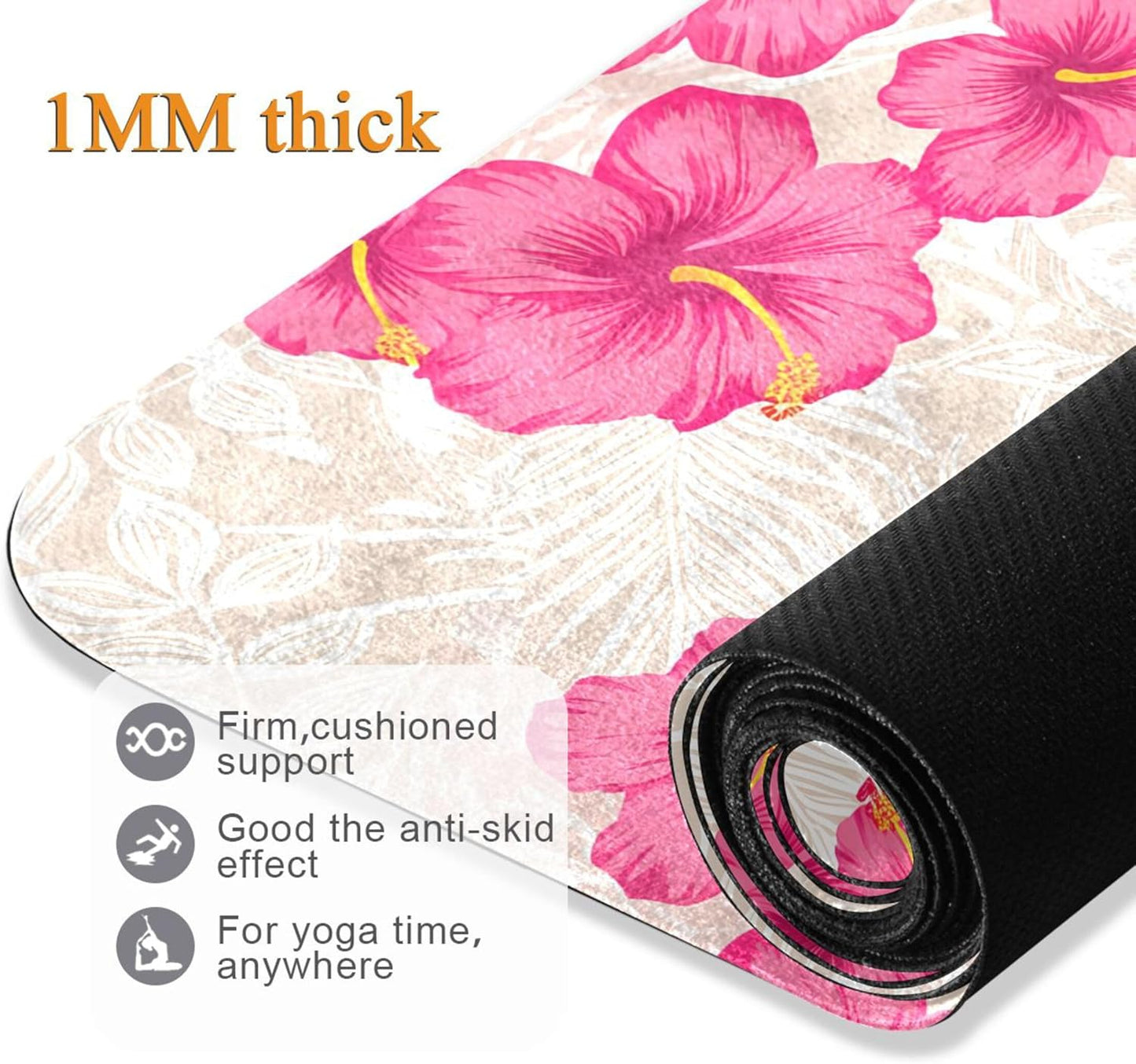 Tropical Pink Hibiscus Flowers Yoga Mat, Anti-Tear Non Slip Exercise & Workout Mat, 71” x 26” with Storage Bag for Home Yoga, Pilates, Fitness & Floor Workouts