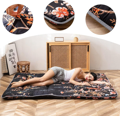 MAXYOYO Bohemian Retro Mattress Boho Floral Japanese Futon Mattress Tatami Floor Mat Foldable Portable Camping, Sleeping Pad, Lounger Couch Bed Full Size