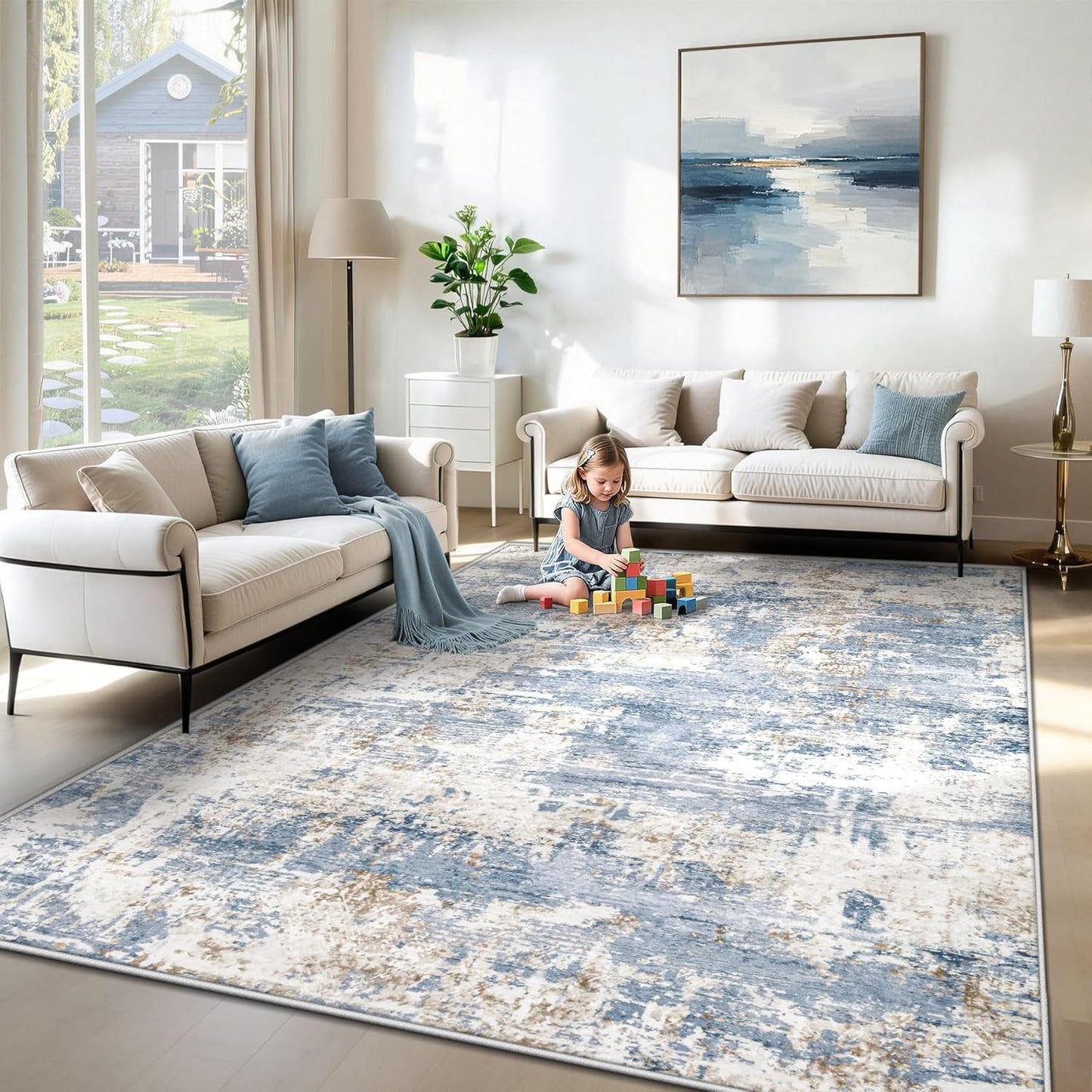 XLUEZ 8x10 Area Rugs for Living Room, Washable Modern Abstract Large Area Rug Neutral Soft Non Slip Kids Rug Stain Resistant Indoor Carpet for Bedroom Nursery Dining Children's Room(Blue, 8'x10')