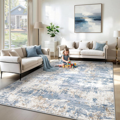 XLUEZ 8x10 Area Rugs for Living Room, Washable Modern Abstract Large Area Rug Neutral Soft Non Slip Kids Rug Stain Resistant Indoor Carpet for Bedroom Nursery Dining Children's Room(Blue, 8'x10')