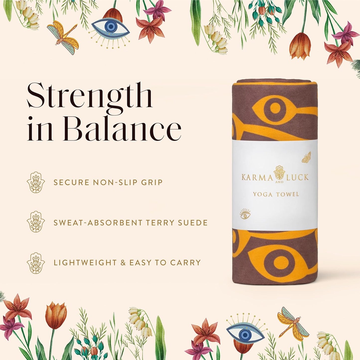 KARMA AND LUCK Radiant Protection Yoga Towel, Absorbent, Non-Slip Hot Yoga Mat Towel, Silicone Grip & Soft Terry Suede for Spiritual Energy Shield & Clarity, 26” x 72”