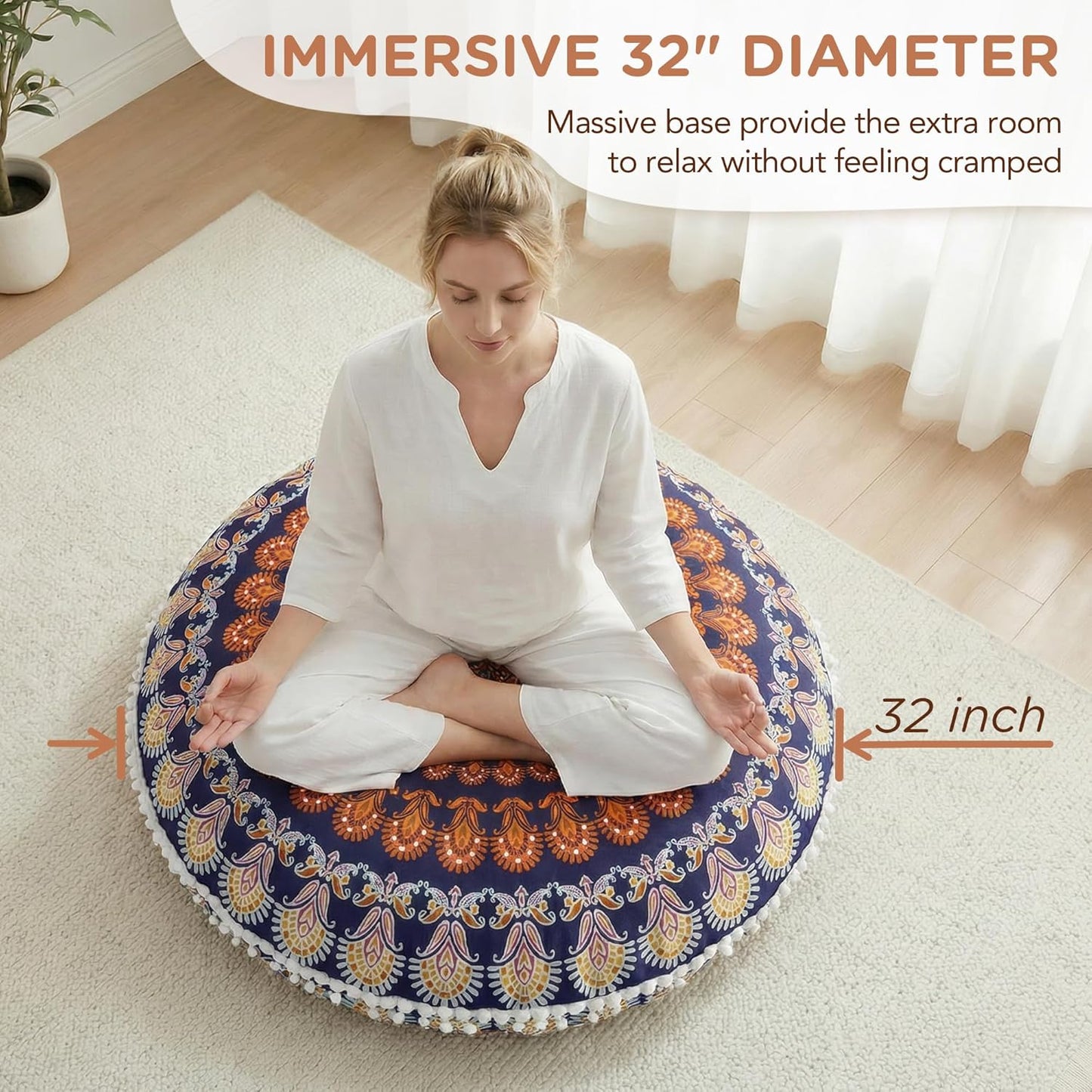 Codi Meditation Floor Pillow Set of 2, Round Large Pillows Seating for Adults, Bohemian Mandala Circle Cushion for Outdoor Fireplace Yoga Living Room, 32 Inch, Memory Foam Added, Purple Orchid NEW