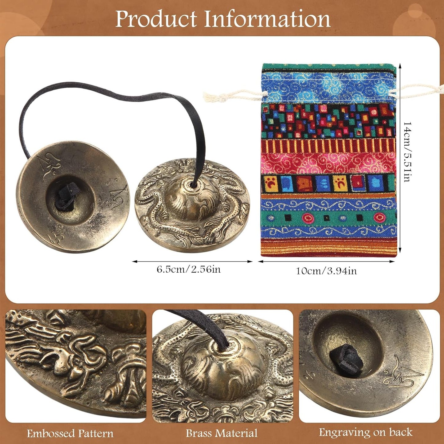 Foilswirl 2 Pcs Tibetan Tingsha Cymbals with 2 Pcs Tibetan Drawstring Cloth Bags Meditation Chime Bells 2.56 Inch Handcrafted Meditation Accessory(Om Mane Padme Hum Symbols Embossed,Blue,Green)