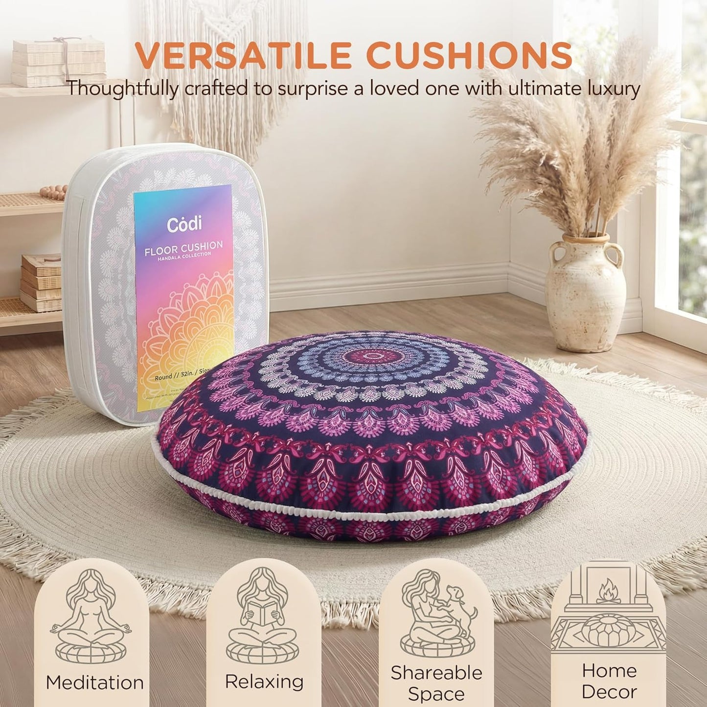 Codi Meditation Floor Pillow Set of 2, Round Large Pillows Seating for Adults, Bohemian Mandala Circle Cushion for Outdoor Fireplace Yoga Living Room, 32 Inch, Memory Foam Added, Purple Orchid NEW