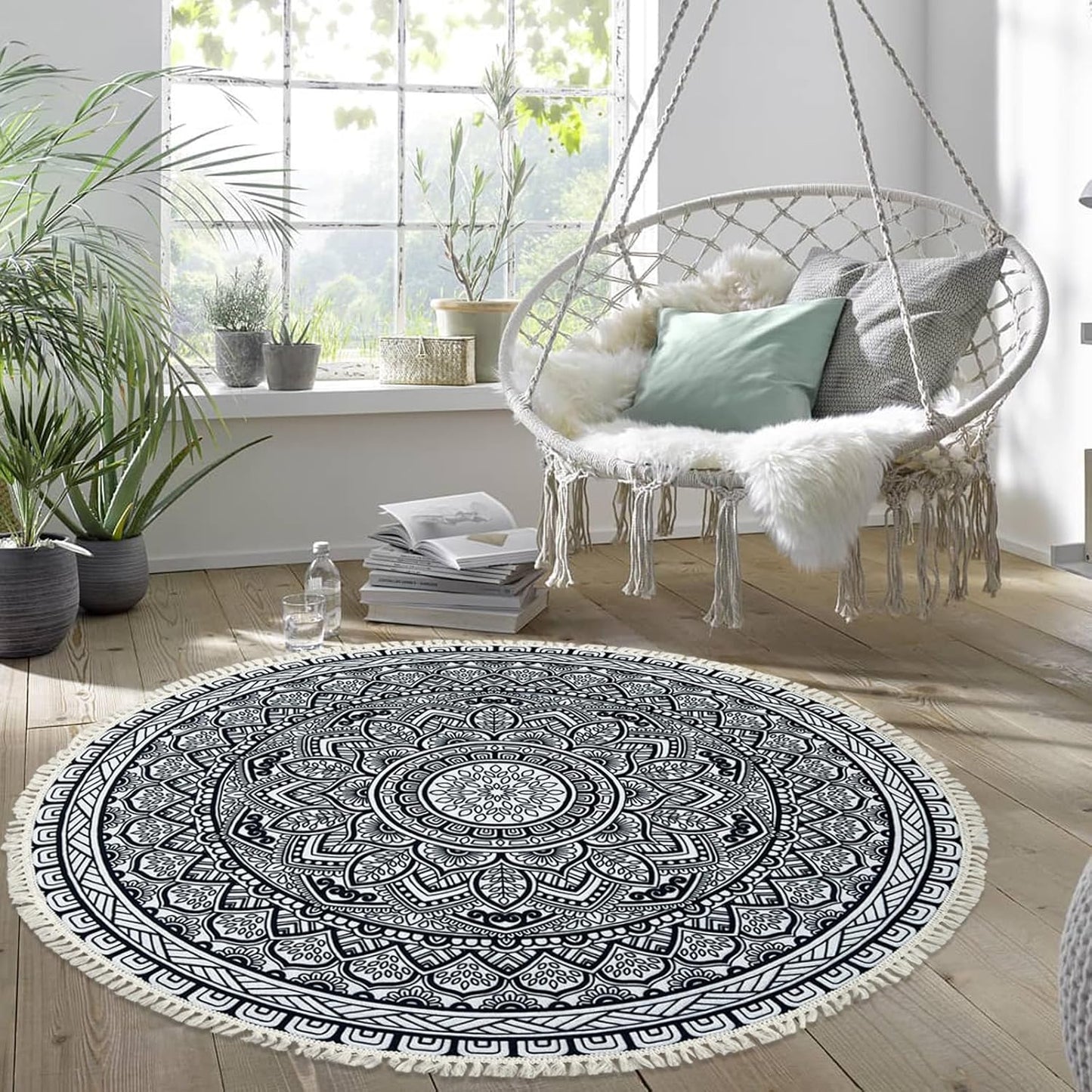Boho Rug 5Ft Round Bedroom Carpet Circle Nonslip Farmhouse Area Rug Rustic Mandala Floor Mat for Living Room Locker Room Tassel Yoga Throw Rugs Washable Doormat, Purple