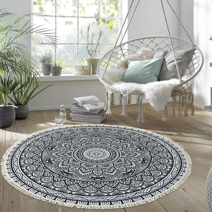 Boho Rug 5Ft Round Bedroom Carpet Circle Nonslip Farmhouse Area Rug Rustic Mandala Floor Mat for Living Room Locker Room Tassel Yoga Throw Rugs Washable Doormat, Purple