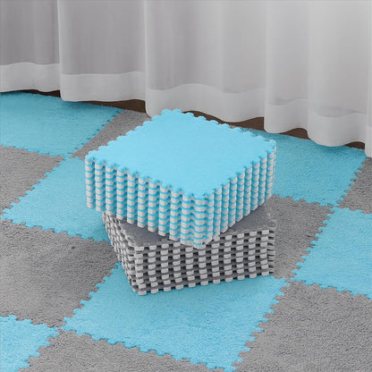 Flutesan 15 Pcs Winter Plush Puzzle Foam Floor Mat Interlocking Carpet Tiles Anti Slip Soft Warm Squares EVA Foam Crawling Rug for Play Floor Playroom Bedroom Nursery(Gray)
