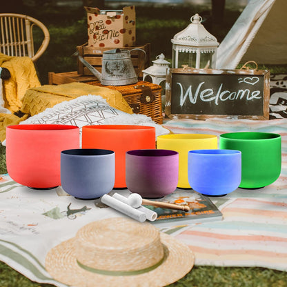 Ryan Dvan 432Hz 7"-12" Set of 7 Crystal Singing Bowl Set ¨C Gradient Color Quartz Bowls for Chakra Healing, Meditation, Sound Bath & Yoga.Sound Therapy Tools with Suede Mallets & O-Rings.
