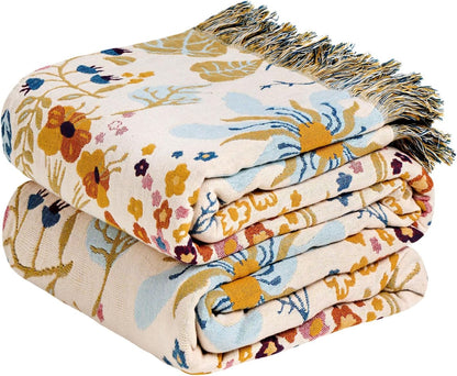 Boho Throw Blanket - 100% Cotton Soft Summer Throw Blanket for Bed, 50"x60" Reversible Breathable Lightweight Blankets, All Seasons Farmhouse Decor Floral Plant Butterfly Throw Quilt