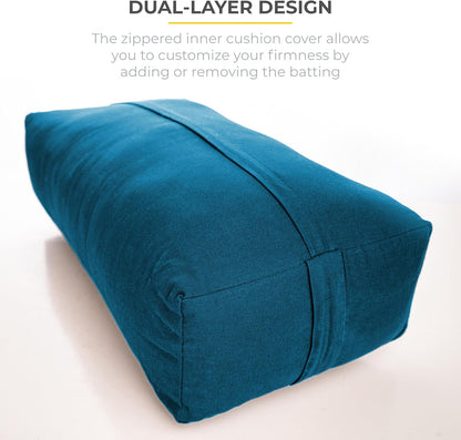 Extra Firm Large Yoga Bolster, 24" x 12" x 6" Cinched OR Zippered Yoga Pillow, Rectangular Cotton Cushion With Removable Cover for Studios, 1 Pack or 2 Pack