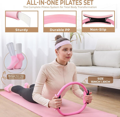 Pilates Kit for Women – 16PCS Home Pilates Workout Kit for Beginners, Pilates Ring Set with Ball, Resistance Bands & Accessories, Full Body Toning Equipment for Home Workouts