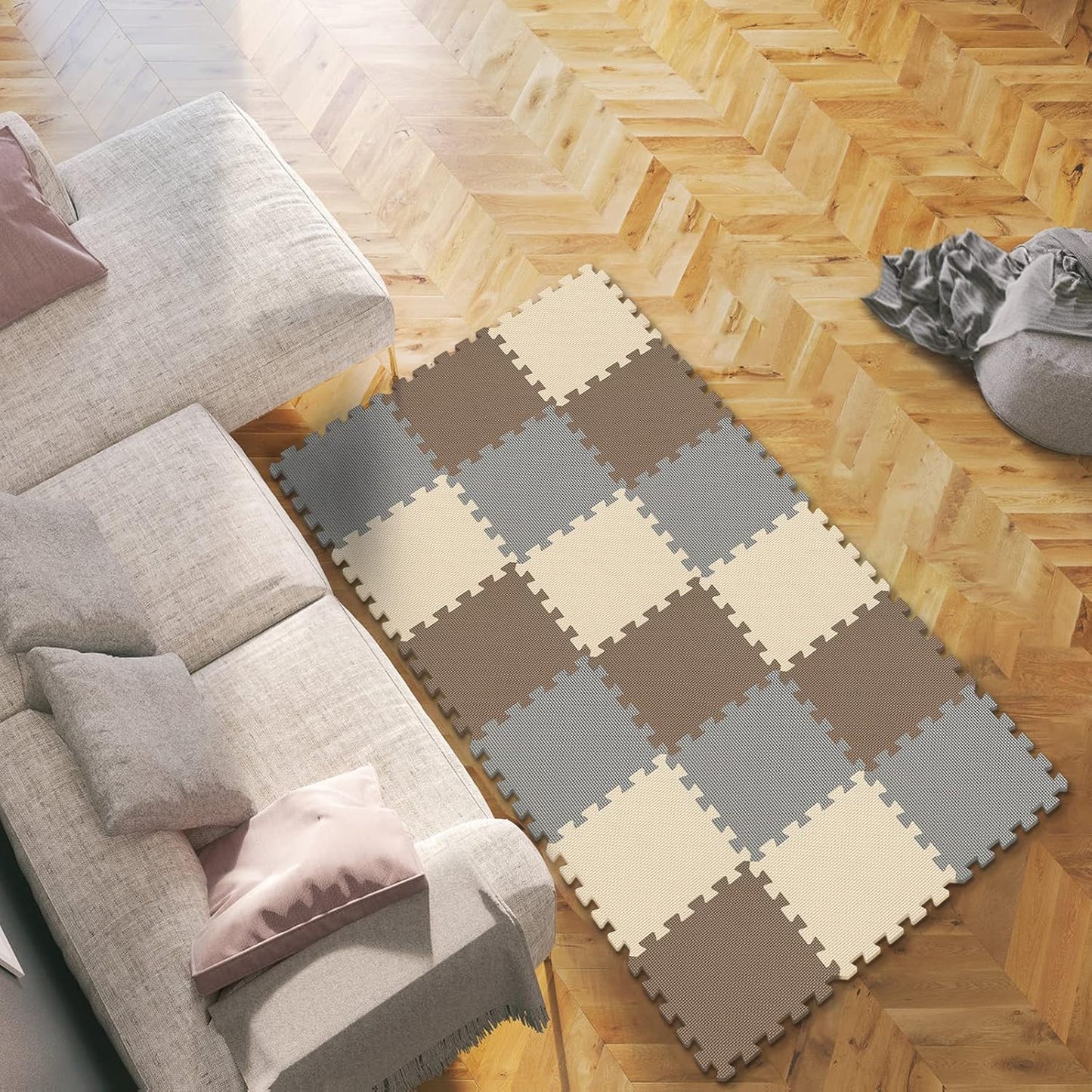 qqpp EVA Rubber 18 Tiles Interlocking Puzzle Foam Floor Mats - Baby Play Mat for Playing | Exercise Mat for Home Workout. White, Pink, Gray. QC-ACLb18N