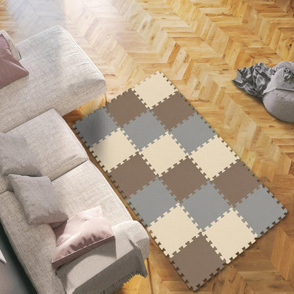 qqpp EVA Rubber 18 Tiles Interlocking Puzzle Foam Floor Mats - Baby Play Mat for Playing | Exercise Mat for Home Workout. White, Pink, Gray. QC-ACLb18N
