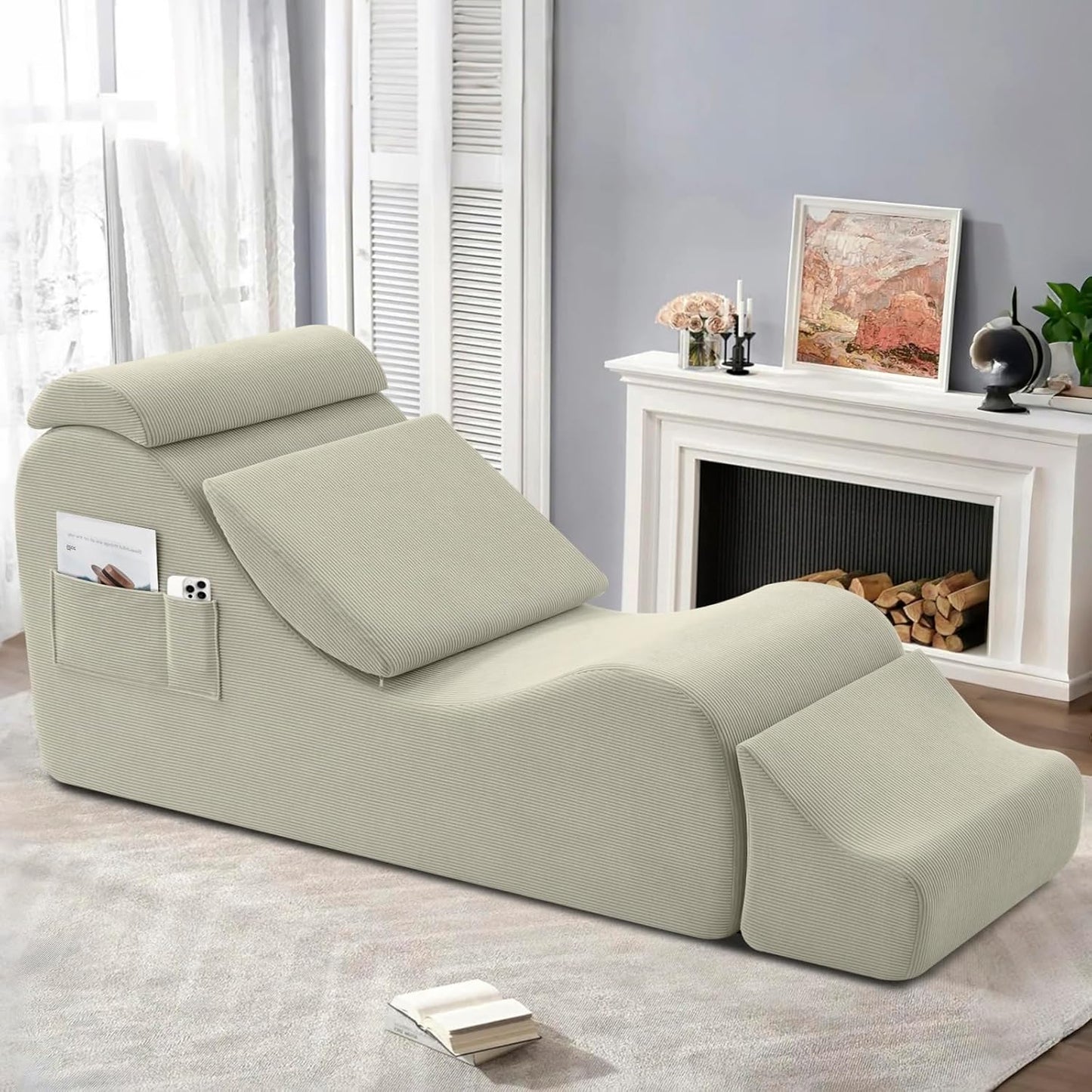 Yoga Chairs for Adults, Ergonomic Chaise Lounge Chair Indoor with Side Pocket, Lumbar Pillow, Ottoman, Yoga Chair Perfect for Stretching, Relaxation, Exercise, Used in Bedroom, Living Room (Blue)