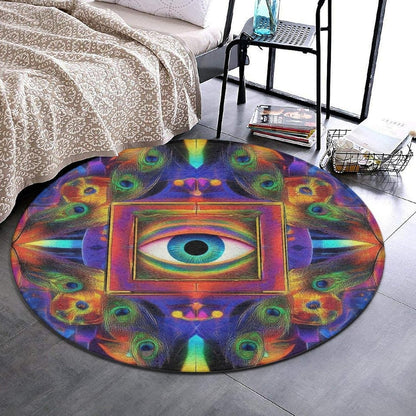 Machine Washable Modern Round Area Rug, Room Sofa Yoga Soft Round Carpet, Home Decor Non Slip Kitchen Office Circle Rug Trippy Rainbow Mushroom Tie Dye Art, 60inch