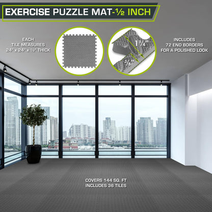 ProsourceFit Exercise Puzzle Mat ½-inch, EVA Interlocking Foam Floor Tiles for Home Gym, Workout Equipment, Kids Play Areas, Black, 24 SQ FT - 6 Tiles