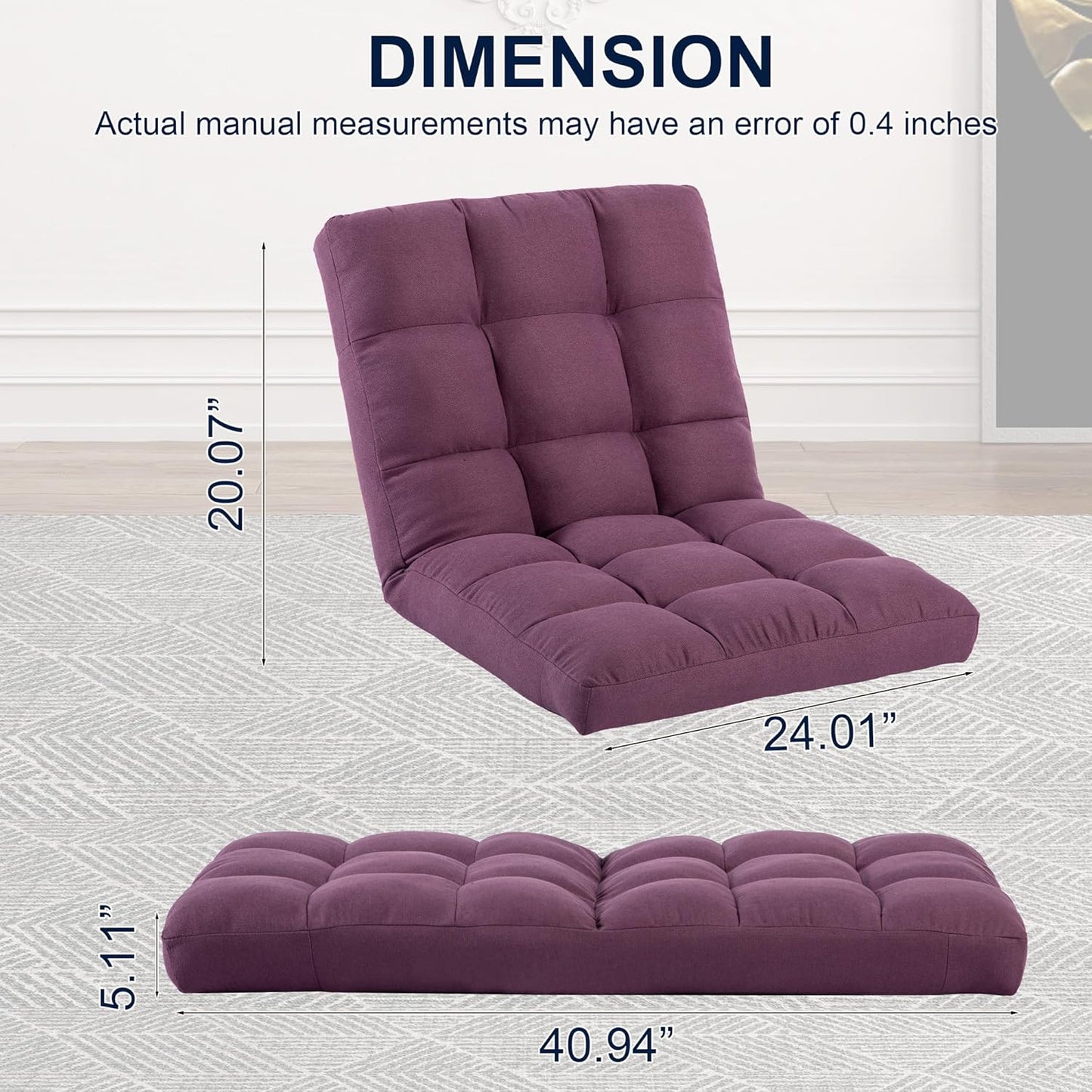 Floor Chair, 24 inches Wide Oversized Velvet Armless Lay Flat Floor seat Padded Meditation Chair with 6 Adjustable Position Ergonomic Comfortable Convenient(LRSF-008-PINK)
