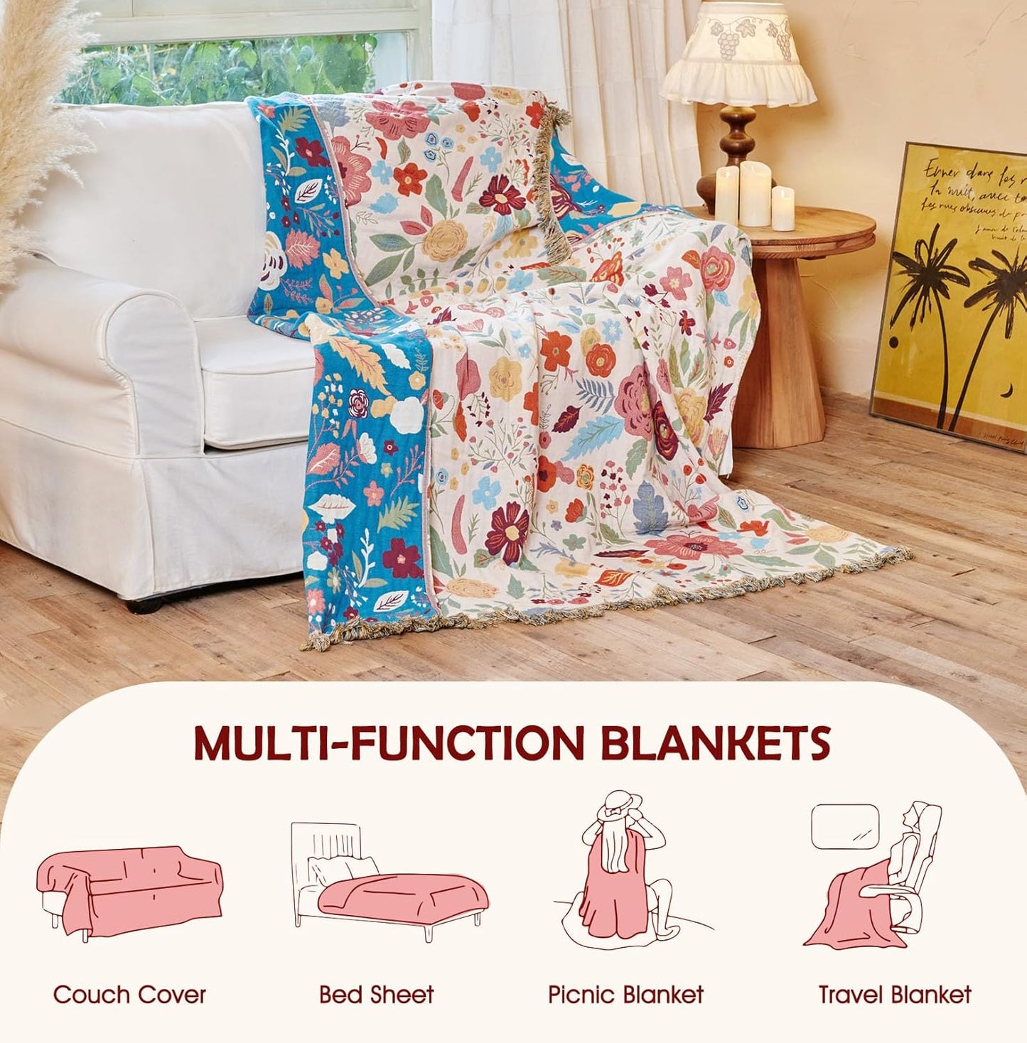 Boho Throw Blanket - 100% Cotton Soft Summer Throw Blanket for Bed, 50"x60" Reversible Breathable Lightweight Blankets, All Seasons Farmhouse Decor Floral Plant Butterfly Throw Quilt
