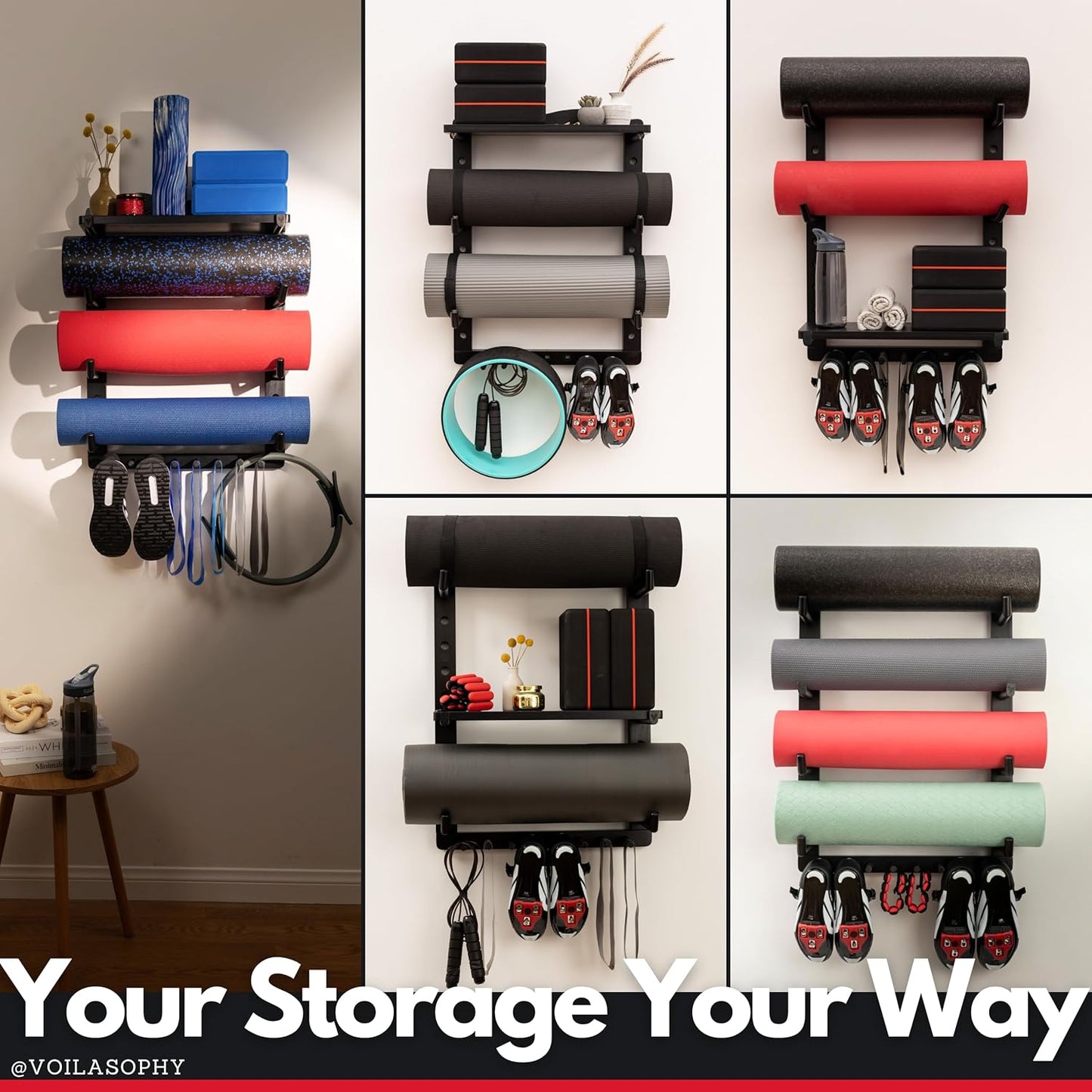 Yoga Mat Holder Wall Mount Home Gym Storage Organizer - Fully Adjustable, All Wood, Crafted Yoga Mat Rack Gym Shelf for Workout Equipment Storage. Unique Yoga Gift for Wall Yoga Storage, Plant a Tree!