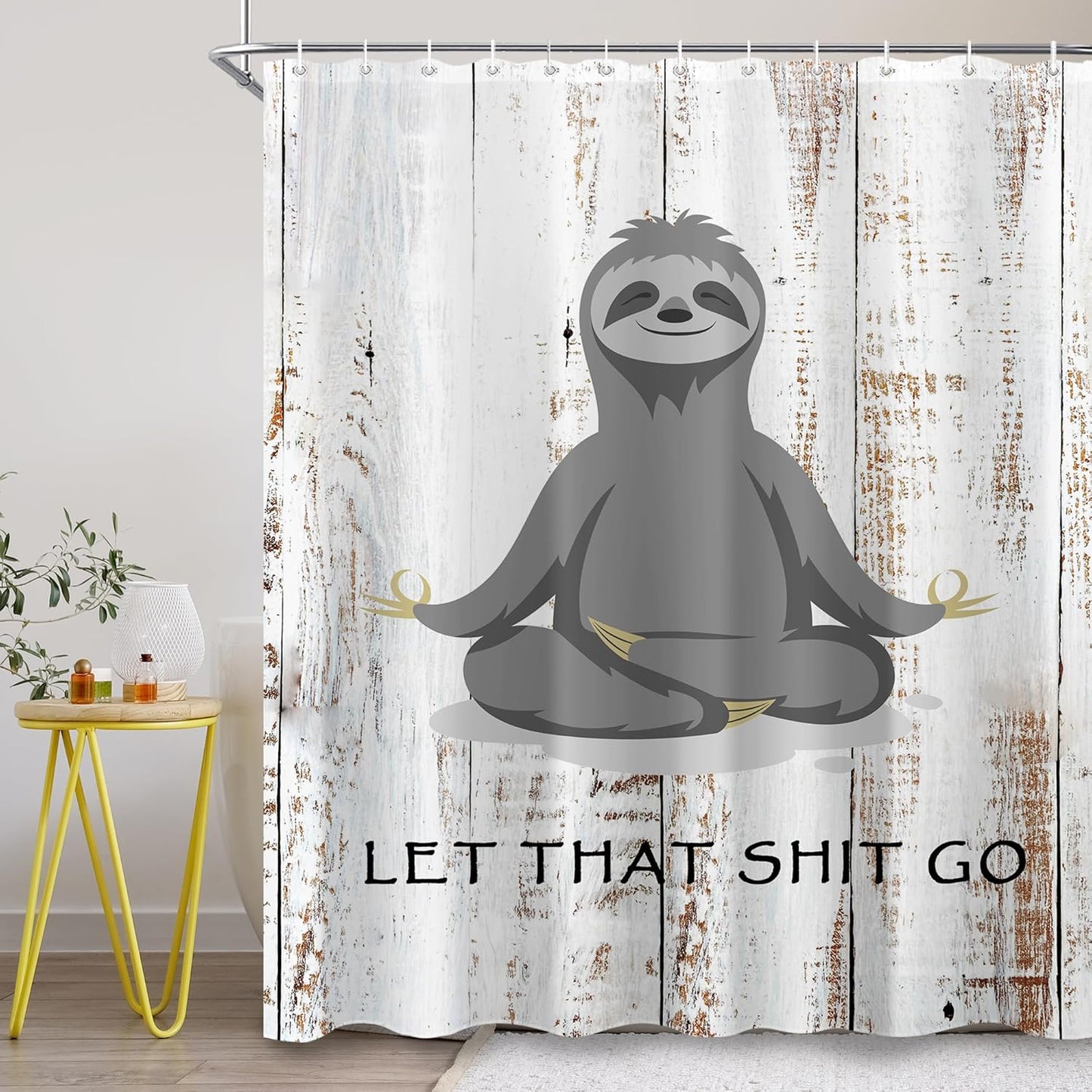 Funny Cute Yoga Sloth Shower Curtain Sets for Bathroom 60Wx72H Fun Animal Inspirational Quotes Shower Curtain Rustic Motivational Bathtub Curtain Wooden Farmhouse Bathroom Decor with 12 Hooks