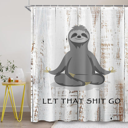 Funny Cute Yoga Sloth Shower Curtain Sets for Bathroom 60Wx72H Fun Animal Inspirational Quotes Shower Curtain Rustic Motivational Bathtub Curtain Wooden Farmhouse Bathroom Decor with 12 Hooks