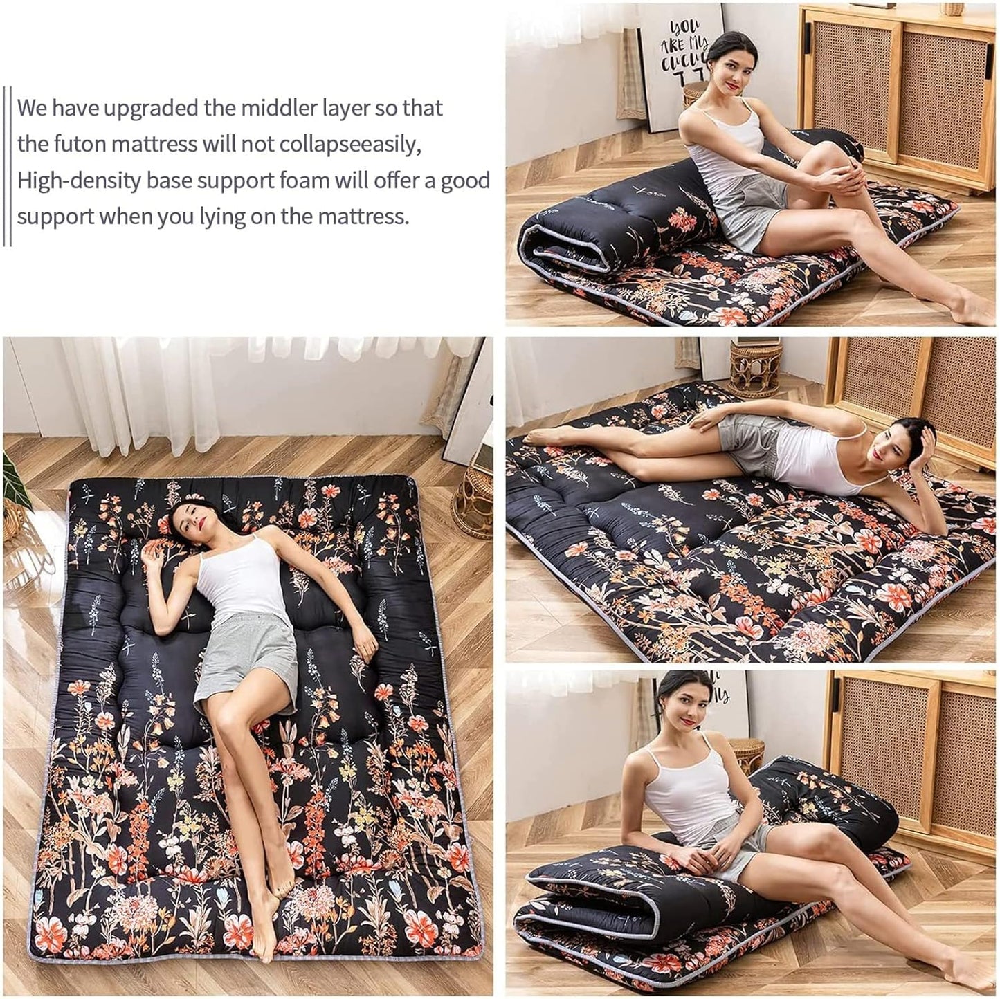 MAXYOYO Bohemian Retro Mattress Boho Floral Japanese Futon Mattress Tatami Floor Mat Foldable Portable Camping, Sleeping Pad, Lounger Couch Bed Full Size