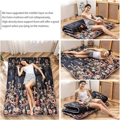 MAXYOYO Bohemian Retro Mattress Boho Floral Japanese Futon Mattress Tatami Floor Mat Foldable Portable Camping, Sleeping Pad, Lounger Couch Bed Full Size