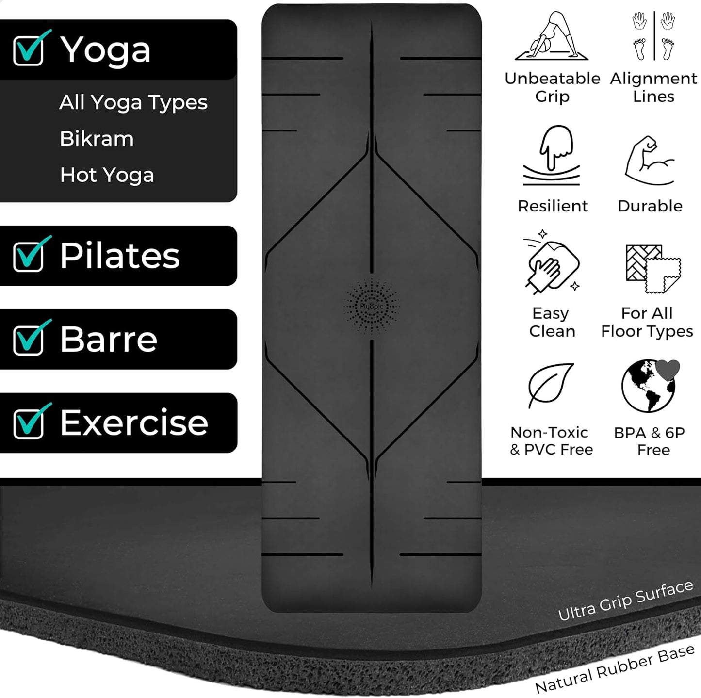 Plyopic. Ultra-Grip Pro Yoga Mat – EXTREME Non-Slip Performance - Dry & Wet Grip - Alignment Lines - Comfortable & Sweat Resistant - For Yoga, Pilates, Exercise, Workout, Bikram & Hot Yoga