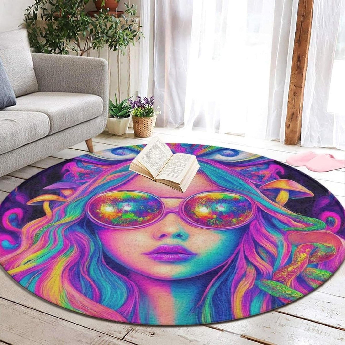 Machine Washable Modern Round Area Rug, Room Sofa Yoga Soft Round Carpet, Home Decor Non Slip Kitchen Office Circle Rug Union Jack Flag UK Mandala Art, 60inch
