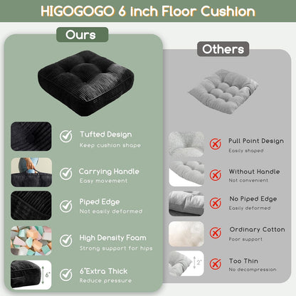 HIGOGOGO Floor Pillow Cushion for Adults, Meditation Cushion Pillow, Large Square Floor Sitting, Tufted Corduroy Cover, for Tatami Living Room or Yoga, 22x22 Inch, Dark Grey