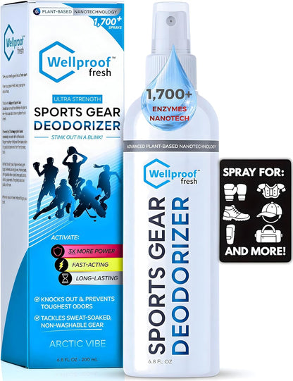 Wellproof 2-in-1 Sports Gear Cleaner & Odor Eliminator - 3X Powerful Nano-Enzyme Deodorizer for Athletic Gear, Baseball, Hockey, Football, Boxing, MMA, Gym Bag | Plant-Based | Remove Stink & Dirt
