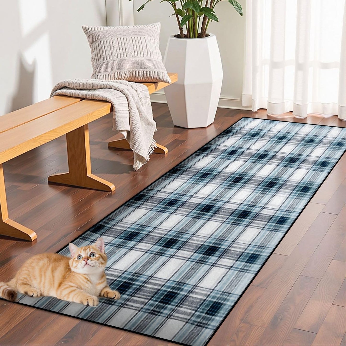 Runner Rug Washable 2x6 White Navy Blue Green Tartan Plaid Scottish Texture from Tartan Plaid Non-Slip Hallway Area Rug Indoor Outdoor Home Decor for Entryway Bathroom Kitchen Carpet Yoga Floor Mat