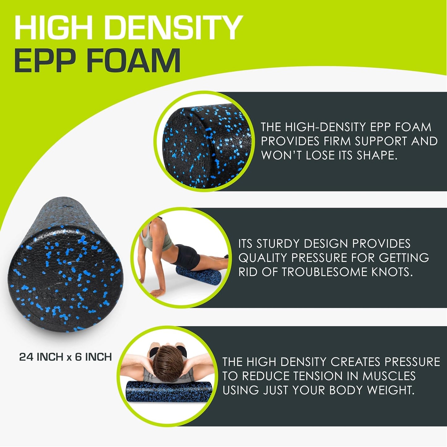 ProsourceFit High Density Foam Rollers 12 - inches long, Firm Full Body Athletic Massage Tool for Back Stretching, Yoga, Pilates, Post Workout Muscle Recuperation, Black