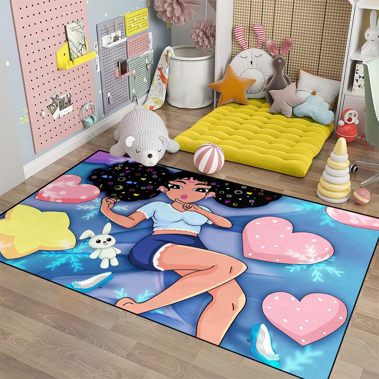 Black Girl Area Rug for Bedroom African Black Girls Floor Rugs for Living Room Playroom Cartoon Art Home Decor Soft Yoga Mats for Women Afro Purple 47" x 31" (2.7 x 3 Feet)