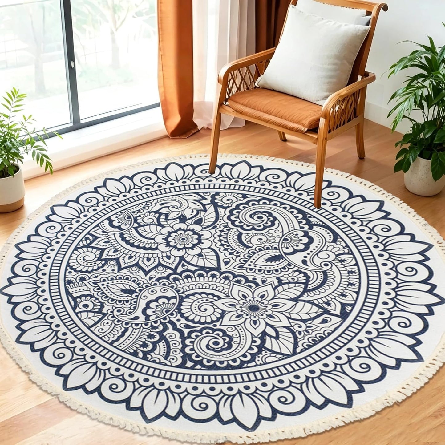 Boho Rug 5Ft Round Bedroom Carpet Circle Nonslip Farmhouse Area Rug Rustic Mandala Floor Mat for Living Room Locker Room Tassel Yoga Throw Rugs Washable Doormat, Purple