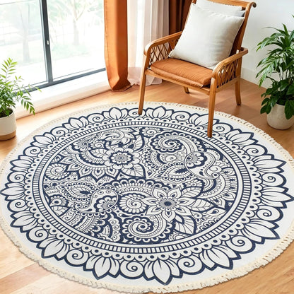Boho Rug 5Ft Round Bedroom Carpet Circle Nonslip Farmhouse Area Rug Rustic Mandala Floor Mat for Living Room Locker Room Tassel Yoga Throw Rugs Washable Doormat, Purple
