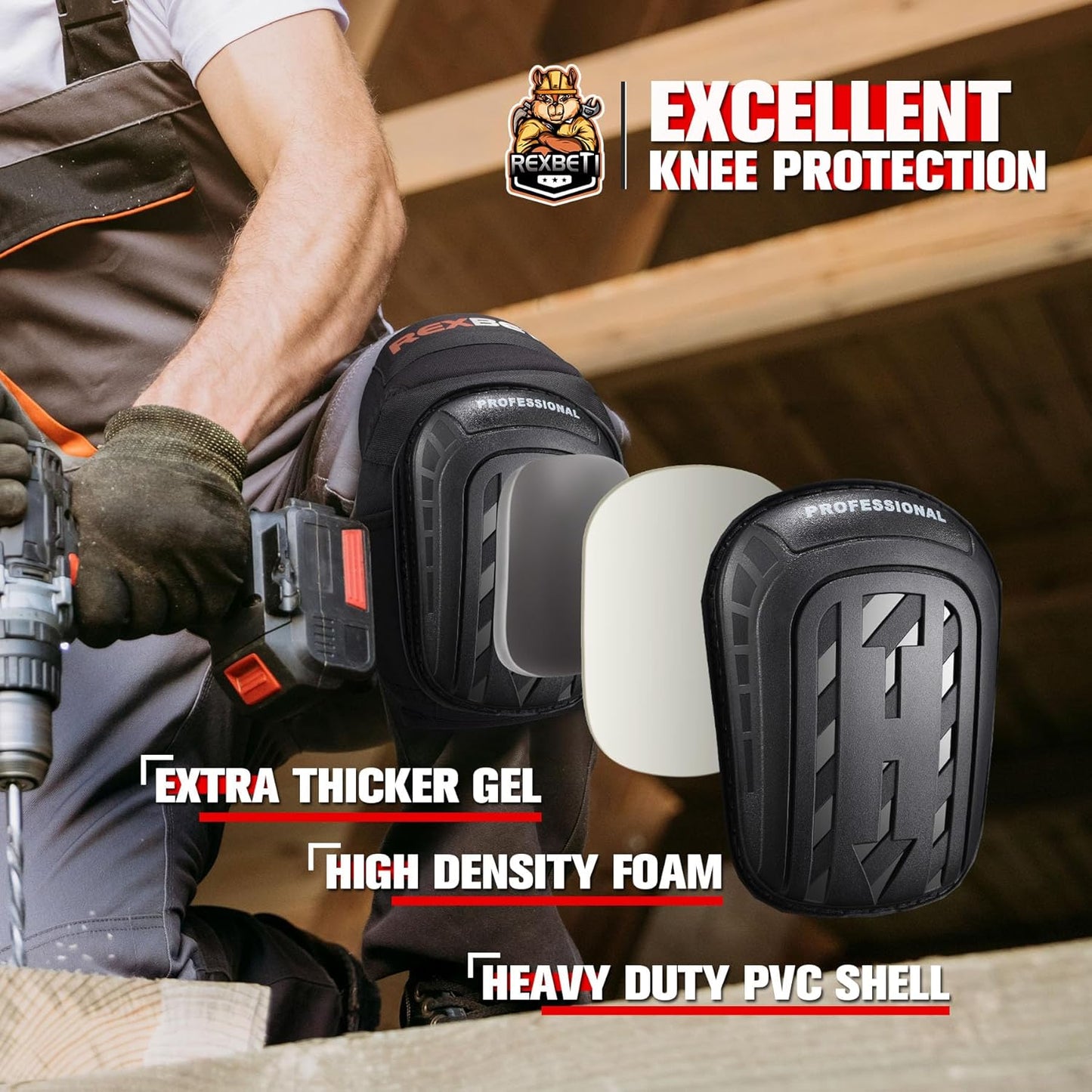 REXBETI Knee Pads for Work, Construction Knee Pads for Men, Heavy Duty Comfortable Anti-slip Foam Gel Knee Pads for Gardening Flooring and Cleaning, Strong Stretchable Straps, Orange