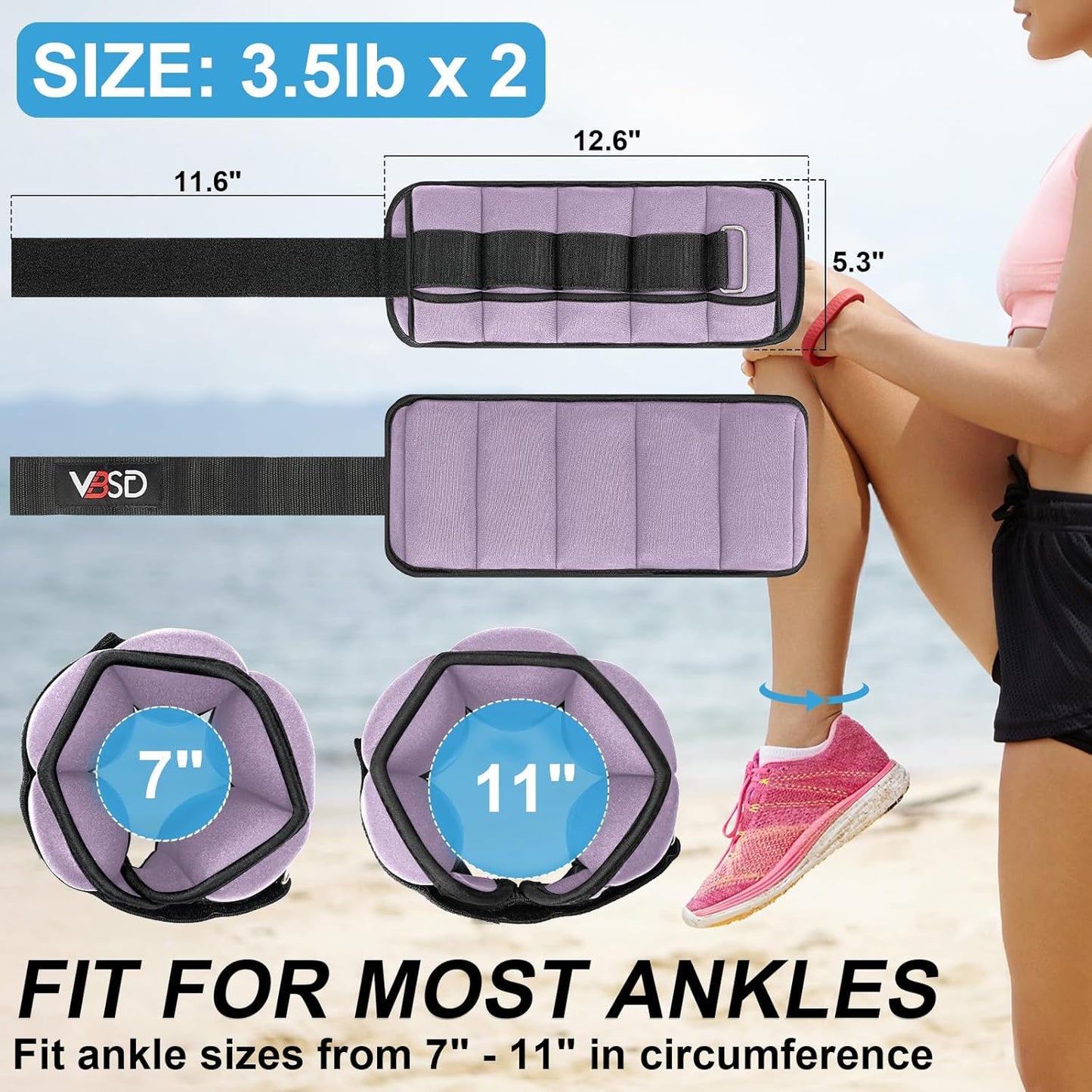 VBSD Adjustable Ankle Weights for Men Women, 2 4 6 8 10 lbs 1 Pair Leg Weight Straps, Weighted Ankle Weight Set with Removable Sandbags for Walking Running Yoga Physical Therapy Gym Home Workout