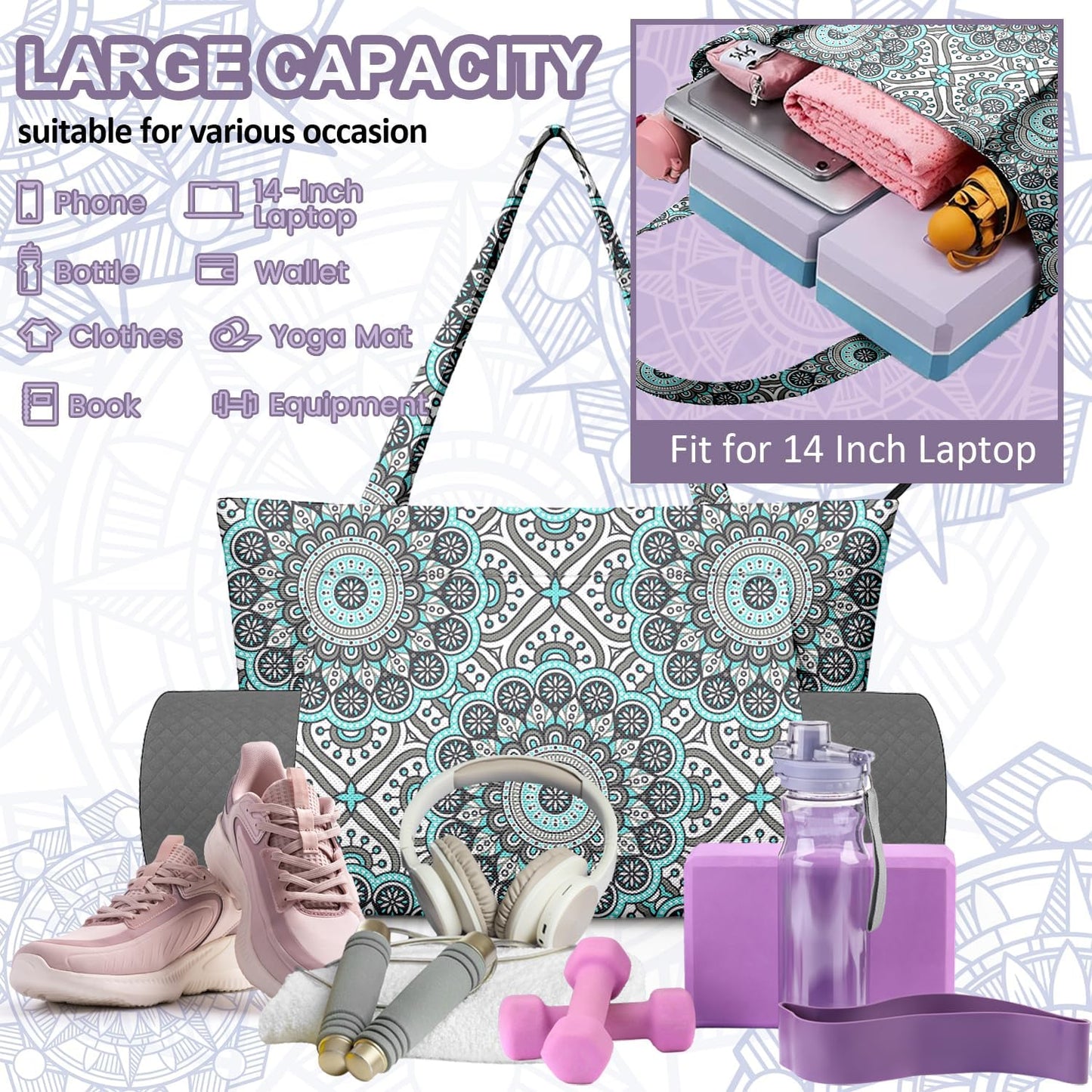 Yoga Bag for Women, Large Canvas Yoga Mat Tote Bag with Yoga Mat Carrier - Large Mat Pocket Fitness Tote for Pilates, Gym, Travel, Office & Beach