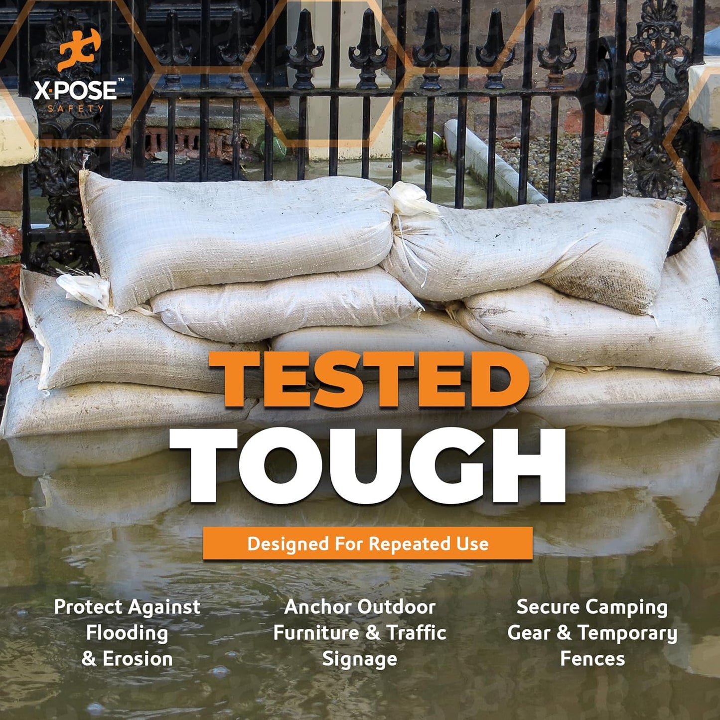 Xpose Safety Heavy Duty Sand Bags with Tie Strings – Empty Woven Polypropylene Sandbags for Hurricane Flood Protection, 50 lb Capacity, 14" x 26", White, Pack of 10