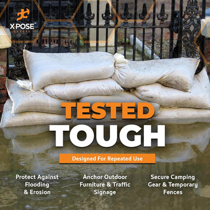 Xpose Safety Heavy Duty Sand Bags with Tie Strings – Empty Woven Polypropylene Sandbags for Hurricane Flood Protection, 50 lb Capacity, 14" x 26", White, Pack of 10
