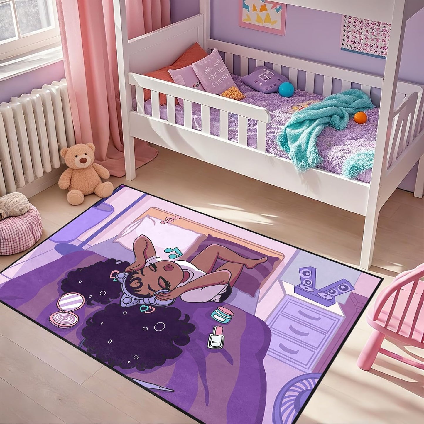 Black Girl Area Rug for Bedroom African Black Girls Floor Rugs for Living Room Playroom Cartoon Art Home Decor Soft Yoga Mats for Women Afro Purple 47" x 31" (2.7 x 3 Feet)