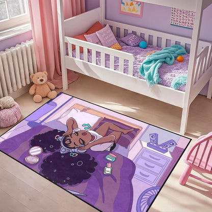 Black Girl Area Rug for Bedroom African Black Girls Floor Rugs for Living Room Playroom Cartoon Art Home Decor Soft Yoga Mats for Women Afro Purple 47" x 31" (2.7 x 3 Feet)